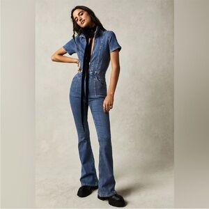 We The Free Jayde Denim Flare Jupsuit Free People